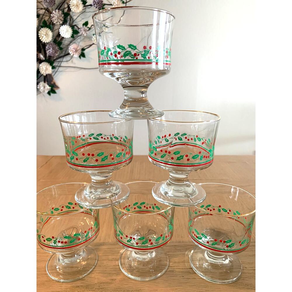 Set of 6 VTG Libbey Arby's Holly Berry Christmas sherbet dessert glasses 1980s